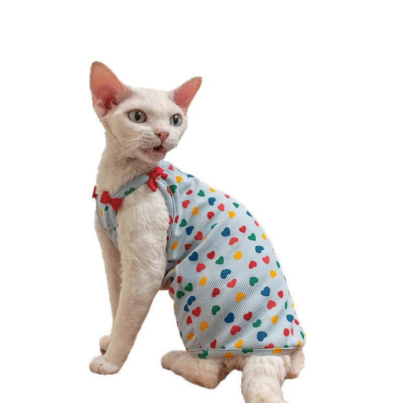 Sphynx Cat Summer Tank T-shirt Hearts Pattern With Bow Accents Stretchy Comfortable Skin-Friendly Clothes For Hairless Cat