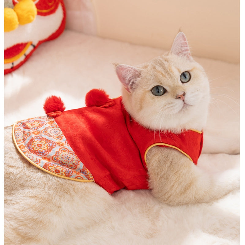 Warm Chinese Plum Blossom Patterned Tang Suit, Button-up Vest, Small Dog Teddy Pet Clothes For Cats In Autumn And Winter