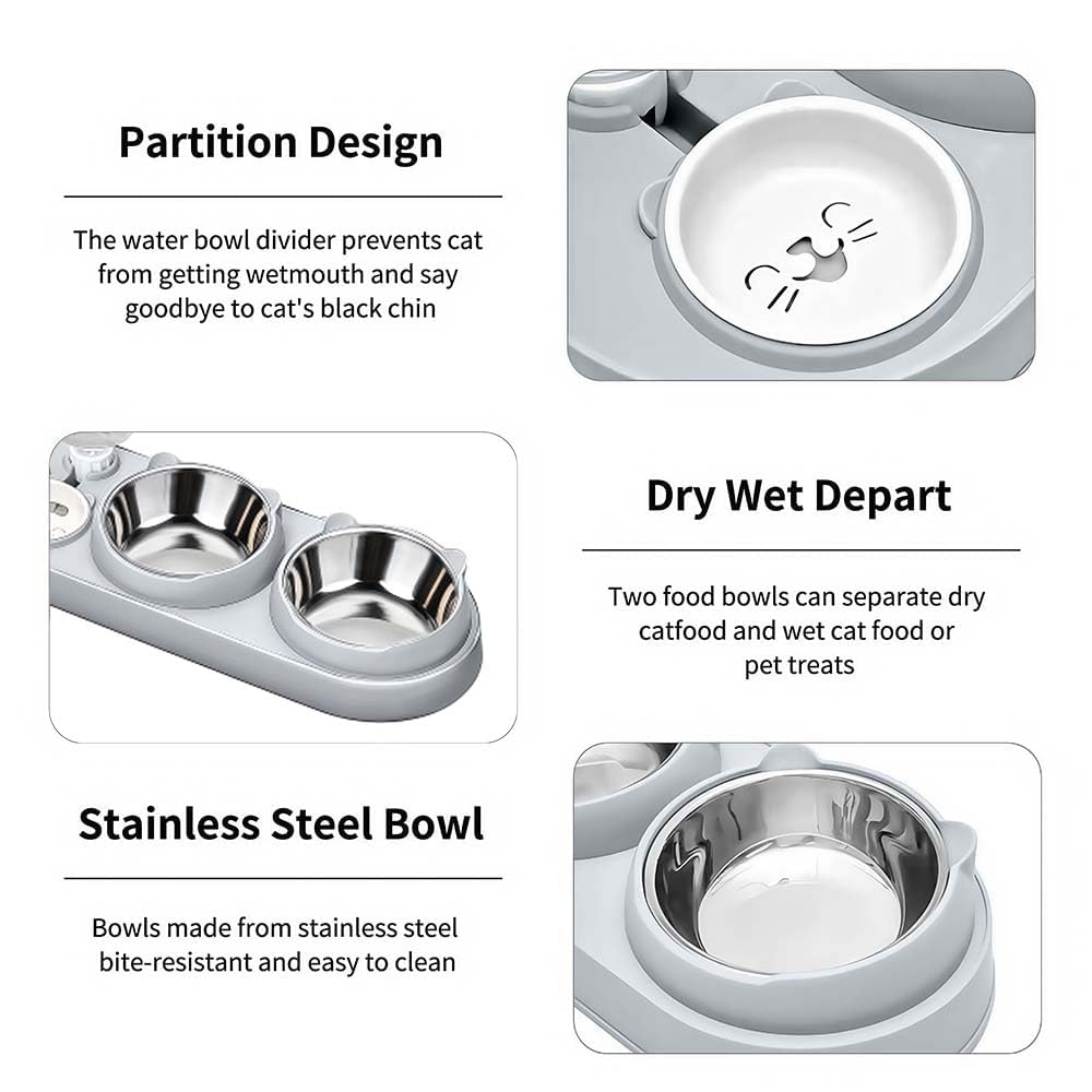 3 In 1 Cat Bowl, Cat Food And Water Bowl Set With Water Dispenser And Stainless Steel Bowls, Pet Raised Three Bowls For Indoor Cats, Small Or Medium