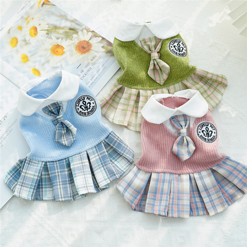 College Style Dog Dress For Small Dogs, Plaid Skirt, Pink,Blue,Green, Spring Dog Clothes, Cat, Chihuahua