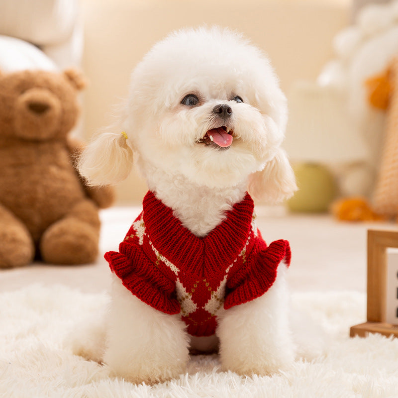 Thick And Warm Diamond-shaped Embroidered Cherry Small Flying Sleeve Sweaters For Dogs In Autumn And Winter, As Well As Pet Clothes For Small And