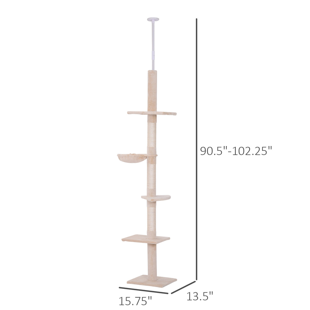 102" Adjustable Height Floor to Ceiling Cat Tree, 5 Level Cat Tower with Scratching Posts, Hammock, Beige