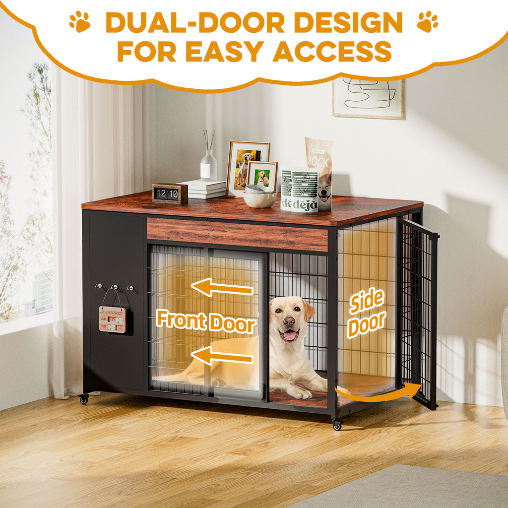 42-Inch Double Wide Wooden Double-Door Dog Crate Side Table Combo - Heavy-Duty DIY Assembly, Chew-Resistant Construction, Indoor Living Room