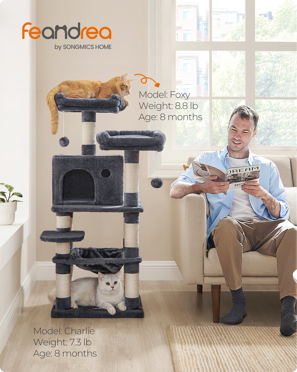 Cat Tree, 44.1-Inch Multi-Level Tower, 11 Scratching Posts