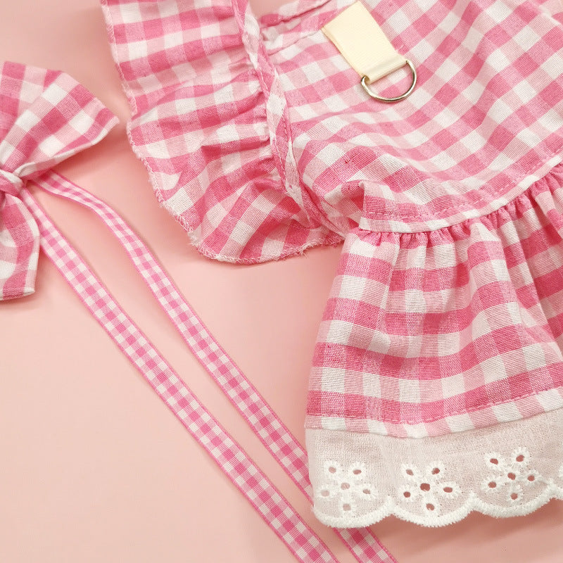 Pet Flying Shoulder Sleeve Plaid Lace Dog Skirt