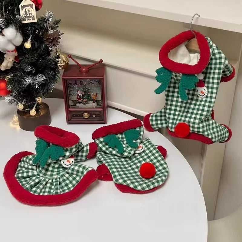 Fashion Plaid Dog Hoodies Christmas Pet Princess Dress Winter Warm Puppy Pullovers Snowman Pattern Cat Skirt Bichon Dog Clothes