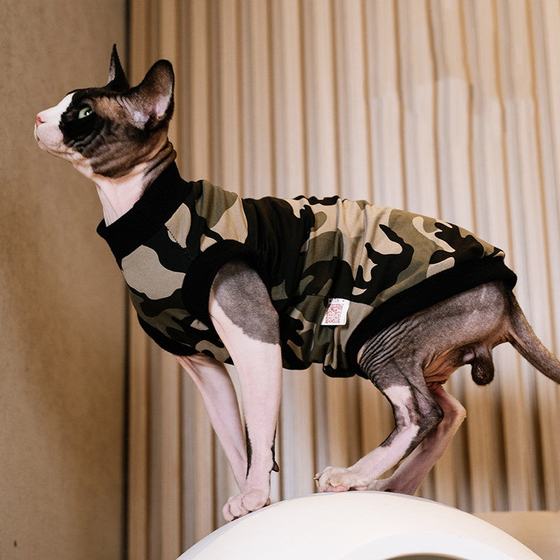 Sphynx Cat Camouflage Cotton Summer Shirt Breathable Lightweight Clothing For Hairless Cats Devon Rex