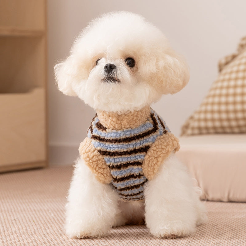Autumn And Winter Dog Clothing, Warm Striped Lambskin Fleece Drawstring Two-legged Fleece, Small And Medium-sized Dog And Cat Pet Clothing
