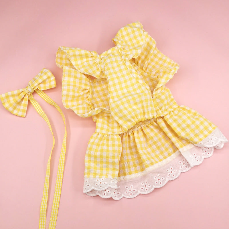 Pet Flying Shoulder Sleeve Plaid Lace Dog Skirt