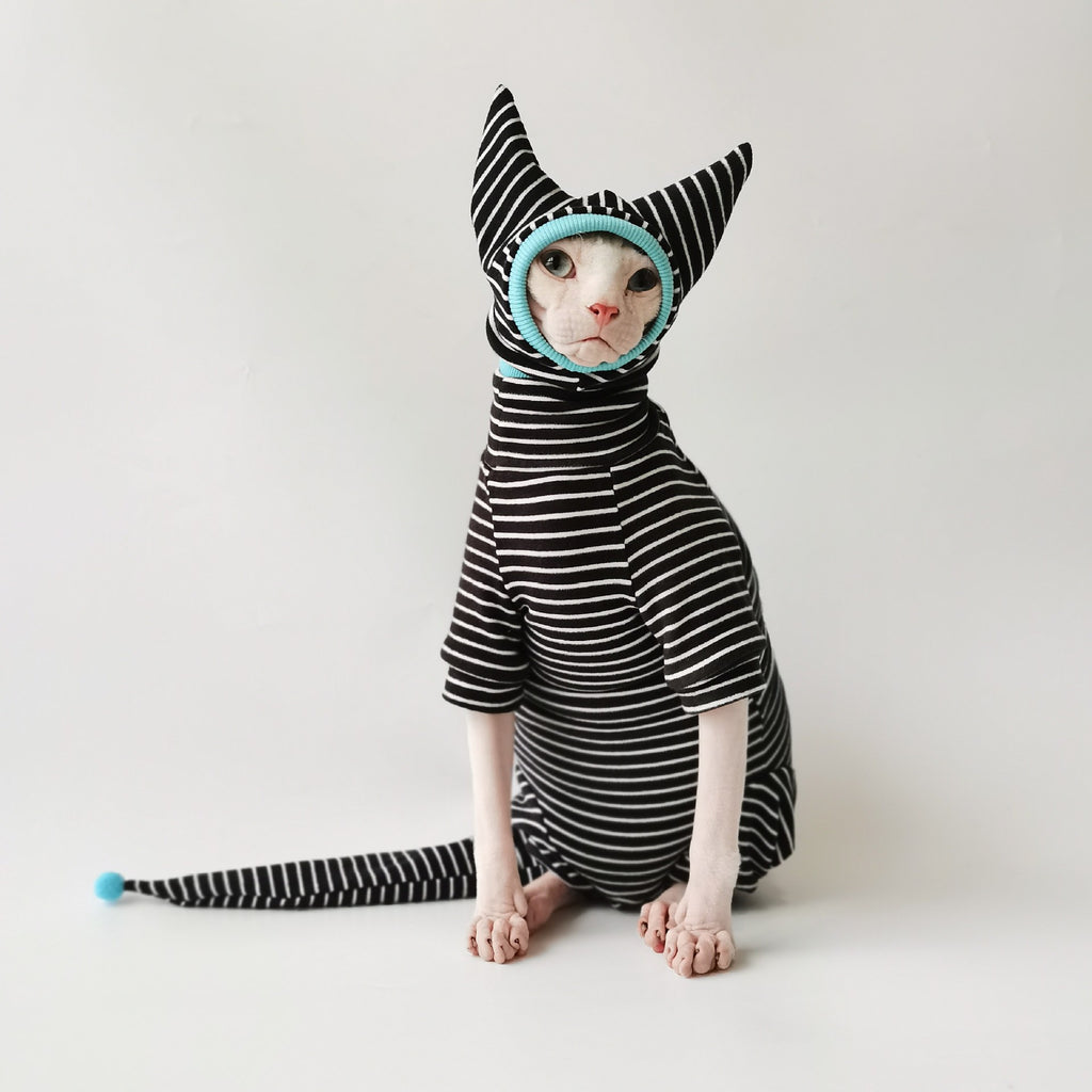 Sphynx Cat Striped Pyjamas Four Legged Clothing with Tail and Hat