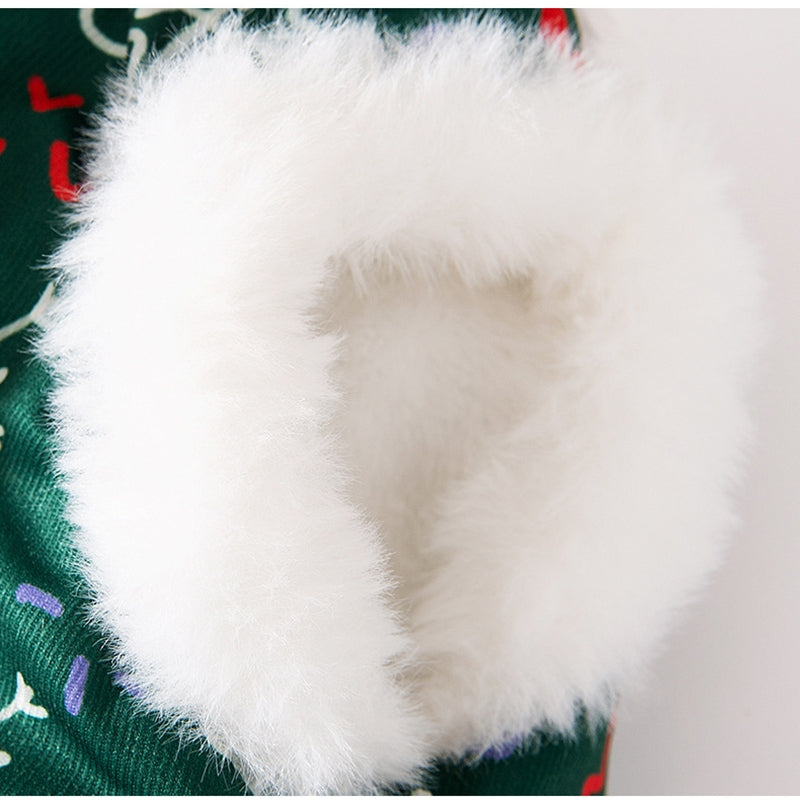 Christmas Dog Shirt With Snowman Patch, Warm Plush Pet Winter Clothes For Small Dogs, Green Holiday T-Shirt With Christmas Tree Print And D-Ring