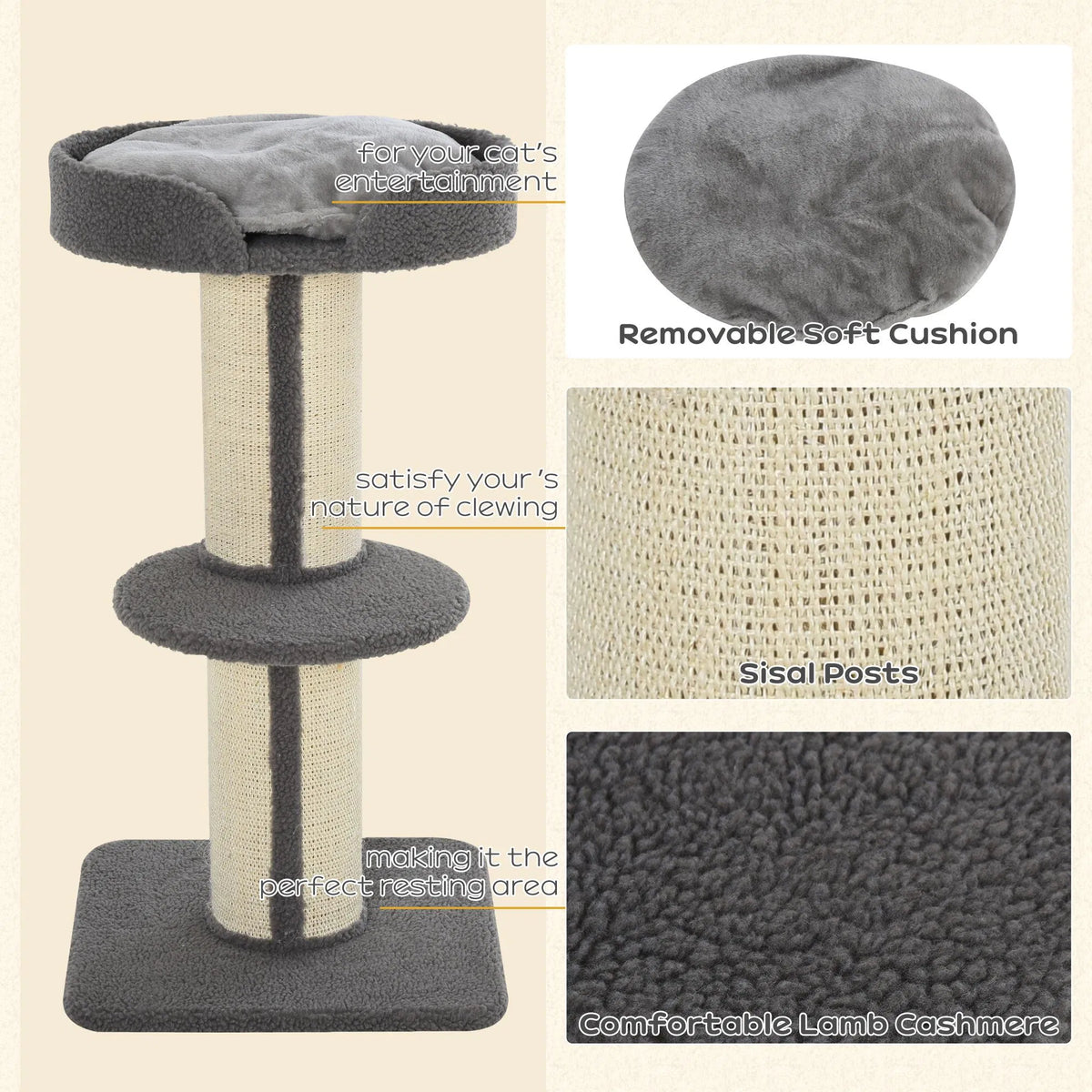 Cat Tree Kitty Tower with Sisal Mat Scratching Post, Cat Bed, Cushion, Perch, 18" x 18" x 36", Grey