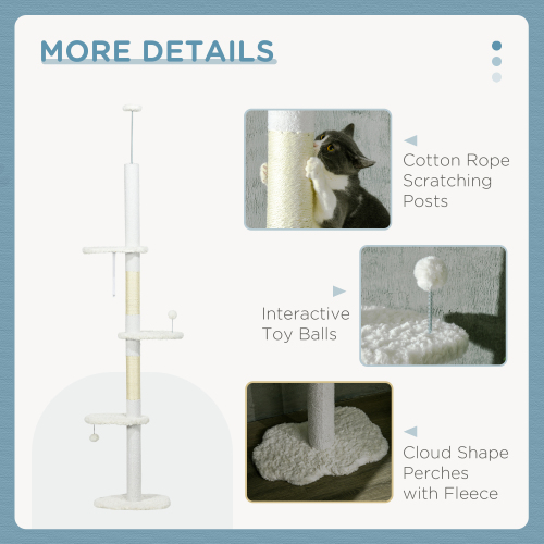 PawHut Floor To Ceiling Cat Tree With Scratching Posts, 88.5-100.5 Adjustable Height, Cat Climbing Tower With Cloud Shape Platforms, Toy Balls