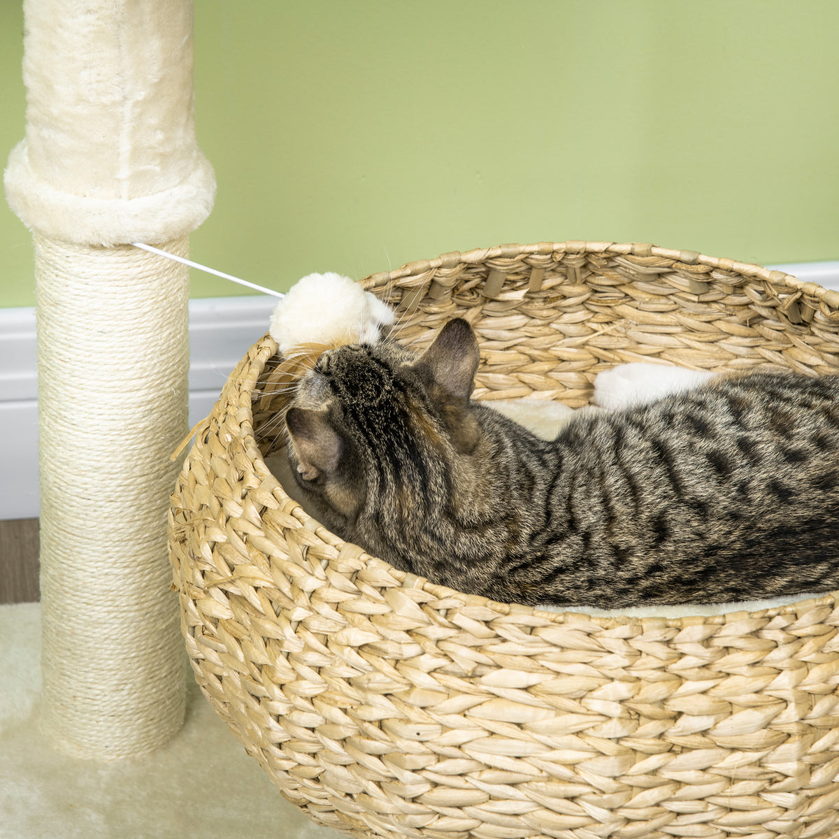 28" Elevated Cat Bed with Sisal Scratching Post for Indoor Kitties, Modern Cat Tree with Cute Basket Design, Small Cat Tree with Fun Ball Toy