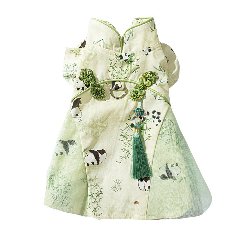 Sphynx Cat Summer Dress With Buckle For Leash Pandas Bamboo Pattern