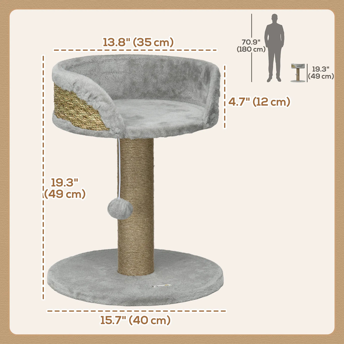 Cat Tree with Scratching Post, Toy Ball, Perch, Small Cat Tower for Indoor Cats - 16" x 16" x 19", Grey