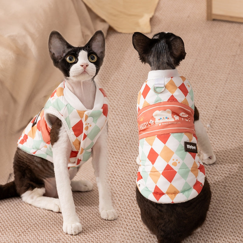 Thick And Warm Two-legged Cotton-padded Clothes For Cats In Autumn And Winter, Fully Printed Retro And Traceable Vests. Dog Pet Clothing