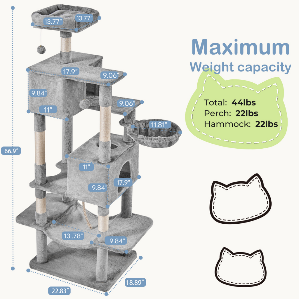 66 Inch Cat Tree Tower, Large Multi-Cat Climbing Extended Platform, Hammock, Pet House For Indoor Cats And Kittens Play