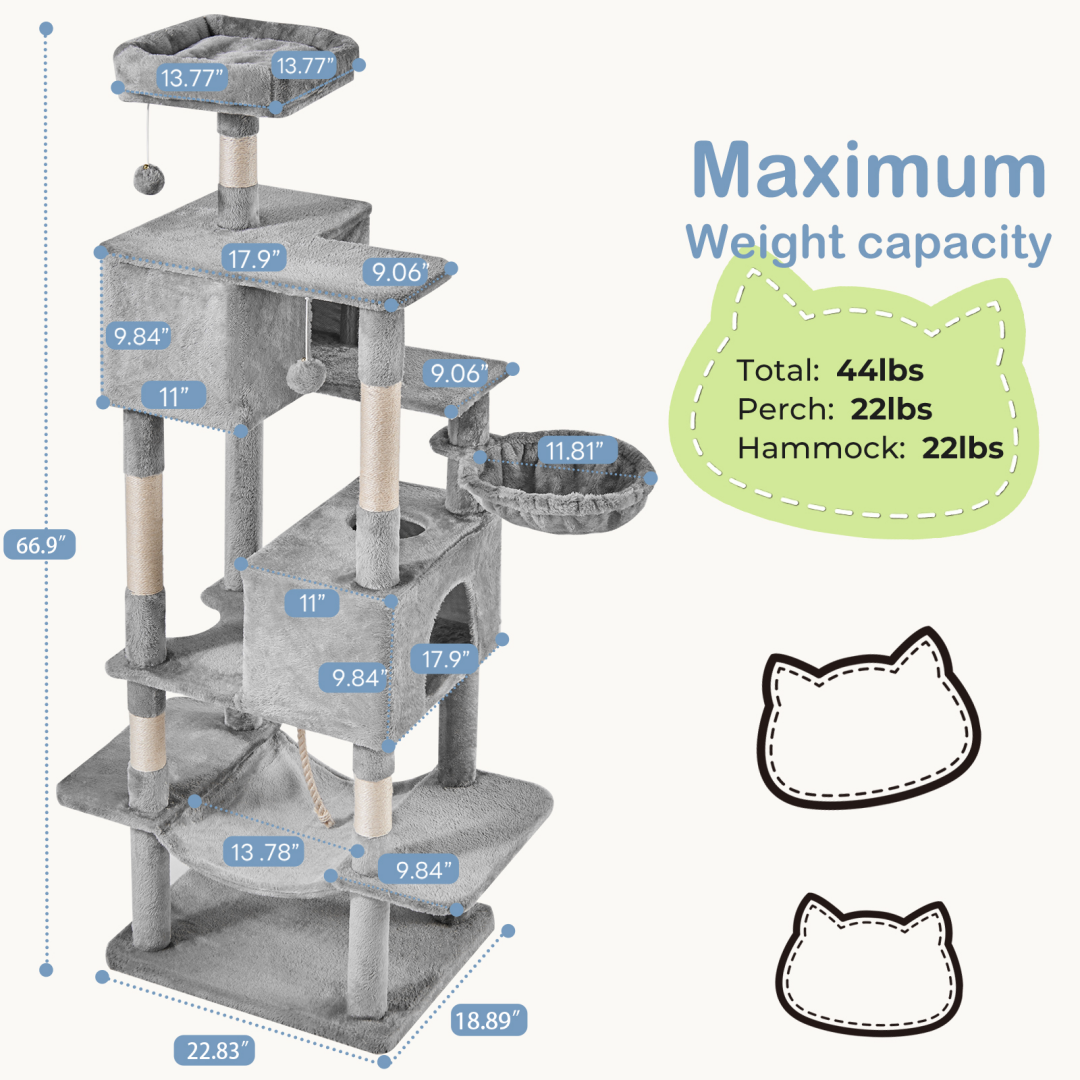 66 Inch Cat Tree Tower, Large Multi-Cat Climbing Extended Platform, Hammock, Pet House For Indoor Cats And Kittens Play