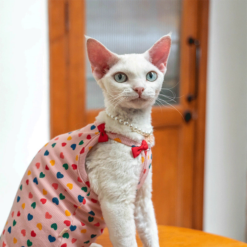 Sphynx Cat Summer Tank T-shirt Hearts Pattern With Bow Accents Stretchy Comfortable Skin-Friendly Clothes For Hairless Cat