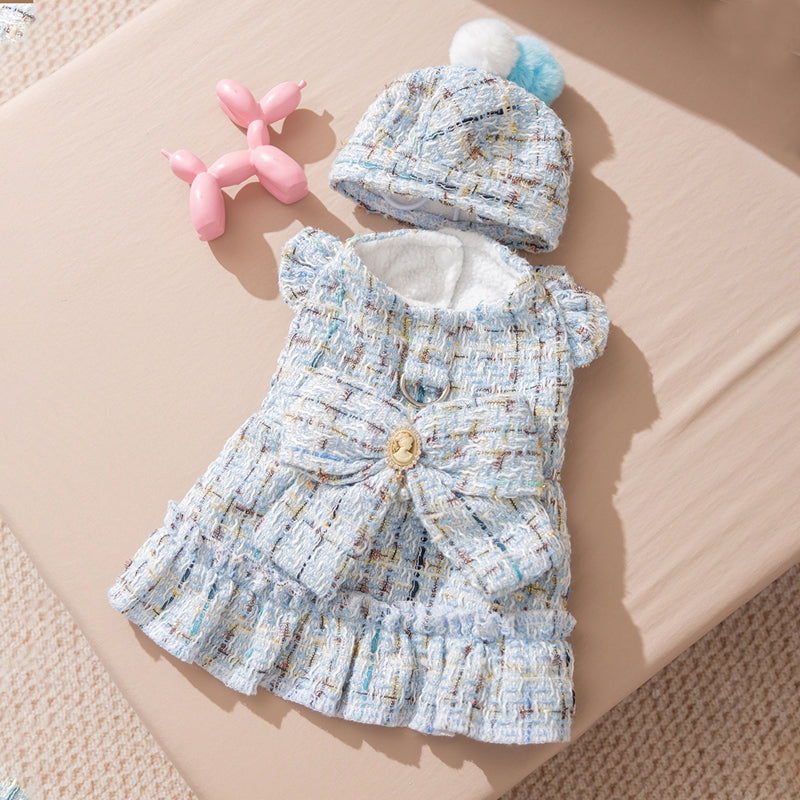 In Winter, Add A Plush Bow And A Chanel-style Dress To Make A Warm Two-legged Dog Pet Outfit For Your Kitten In Autumn And Winter