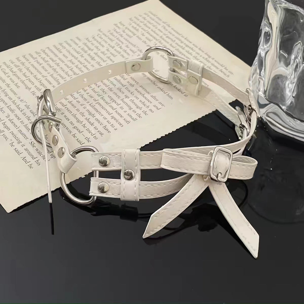 Women's Cool White Bow Leather Necklace