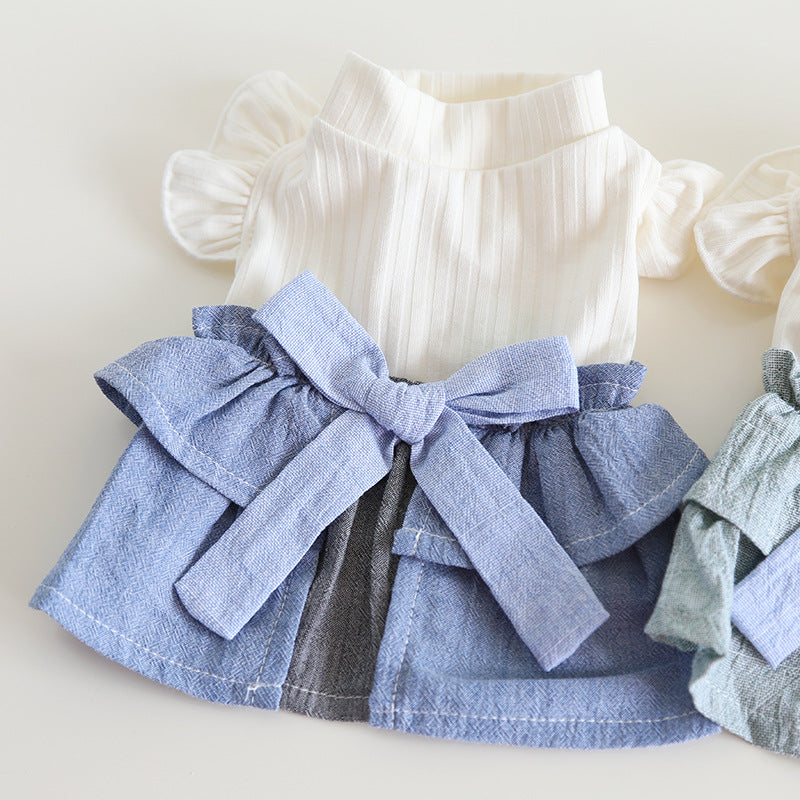 Cotton Linen Denim Blue Flounced Sleeve Skirt Pet Clothes