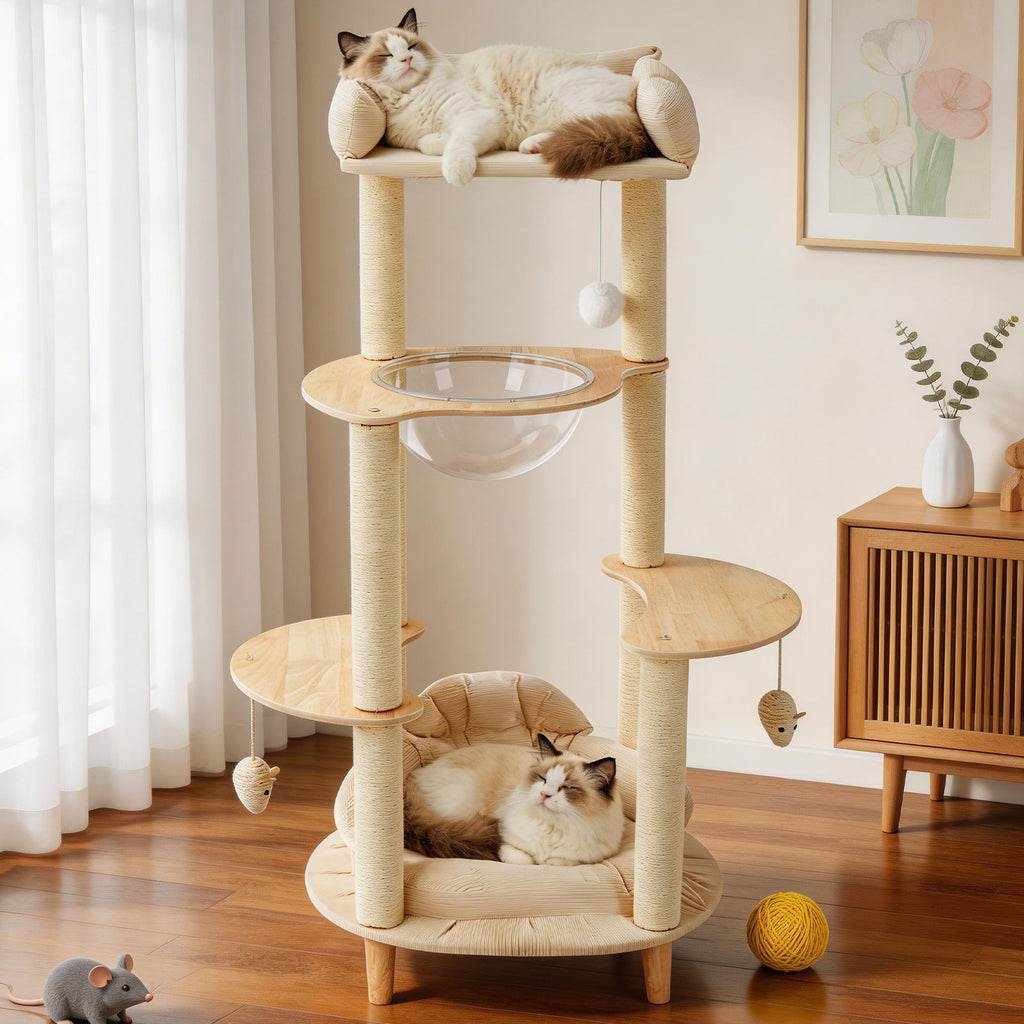 Modern Heavy-Duty No-Drill 4-Tier Solid Wood Cat Tree- 45.7in Multi-Cat Tower With Cozy Bed, Capsule & Extra Wide Perch