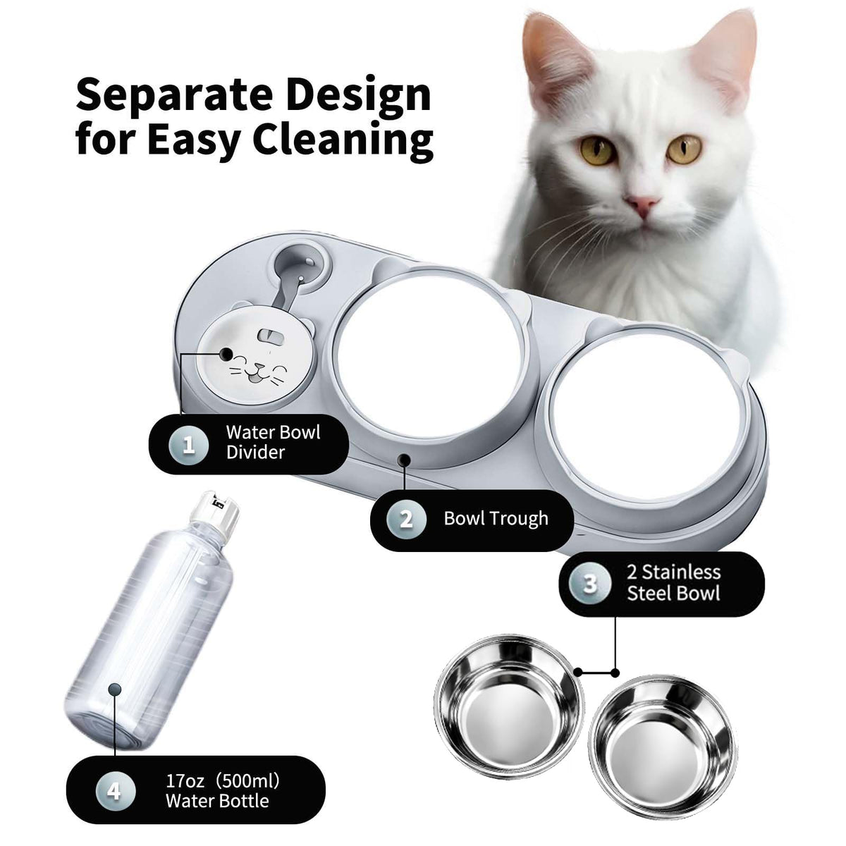 3 In 1 Cat Bowl, Cat Food And Water Bowl Set With Water Dispenser And Stainless Steel Bowls, Pet Raised Three Bowls For Indoor Cats, Small Or Medium