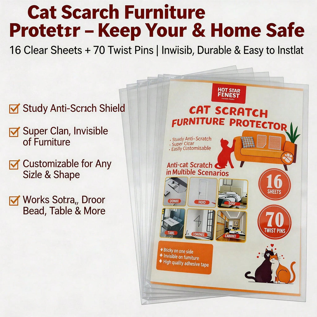 Cat Scratch Furniture Protector Set 16 Clear Sheets, Incldes 8 Sheets Of 279 358mm And 8 Sheets Of 140 358mm, 70 Twist Pins, Invisible Anti Scratch