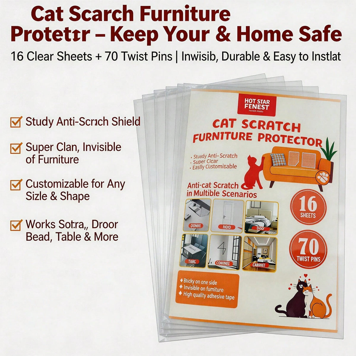 Cat Scratch Furniture Protector Set 16 Clear Sheets, Incldes 8 Sheets Of 279 358mm And 8 Sheets Of 140 358mm, 70 Twist Pins, Invisible Anti Scratch