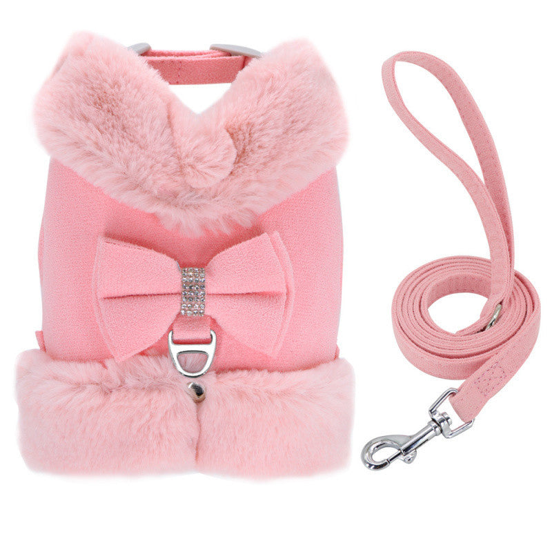 Cute Warm Small Dog Harness And Leash Set With Bow Tie, Soft Padded Puppy Harness With Removable Fur Collar, Adjustable Girl Dog Harness With Quick