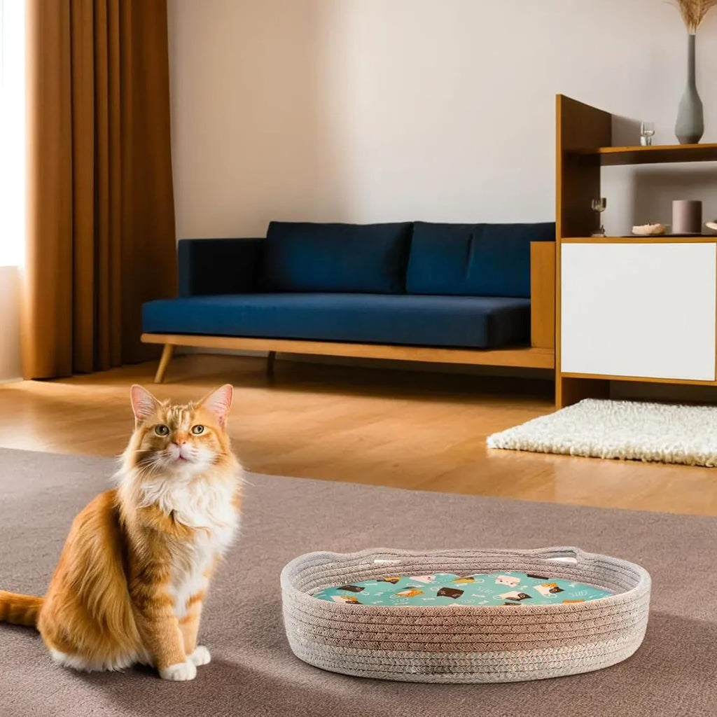Round Cat Bed For Indoor Cats Cat Basket Bed Wicker Cat Donut Beds Cooling Cat Nest For Summer Sleeping Washable Pet Pad For Cat Scratching