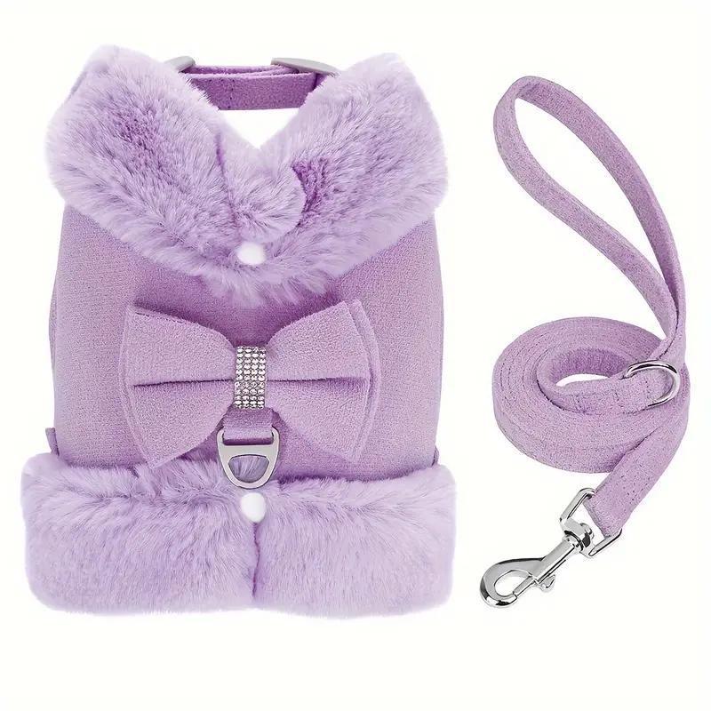 Cute Warm Small Dog Harness And Leash Set With Bow Tie, Soft Padded Puppy Harness With Removable Fur Collar, Adjustable Girl Dog Harness With Quick