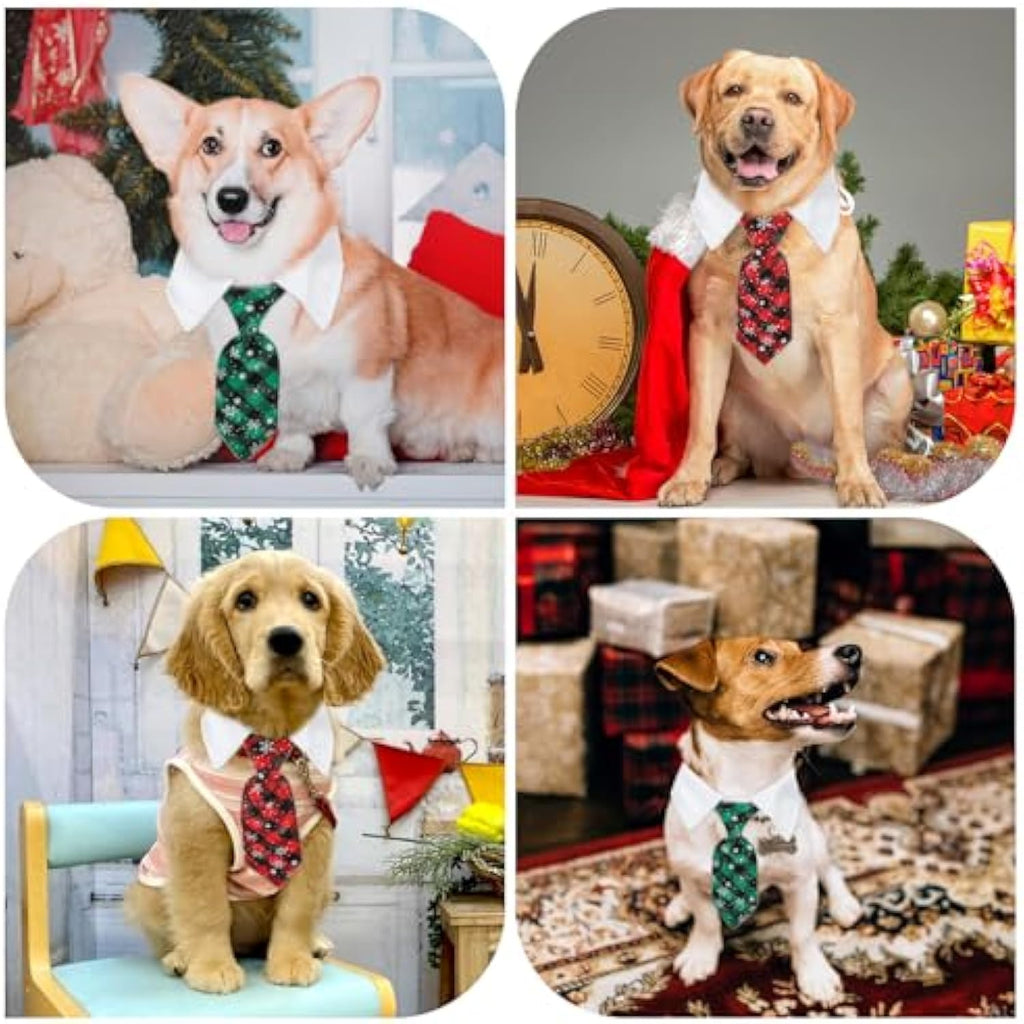 Christmas Dog Necktie, Adjustable Winter Snowflake Pattern Pet Tie Collar With Red Plaid For Small Medium Cat Dog Christmas Weddings Pet Tuxedo Outfit