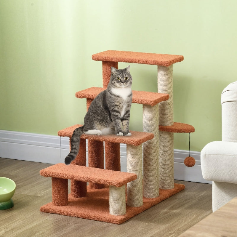 4 Levels Cat Steps with Scratching Posts for High Bed, Sofa, Brown