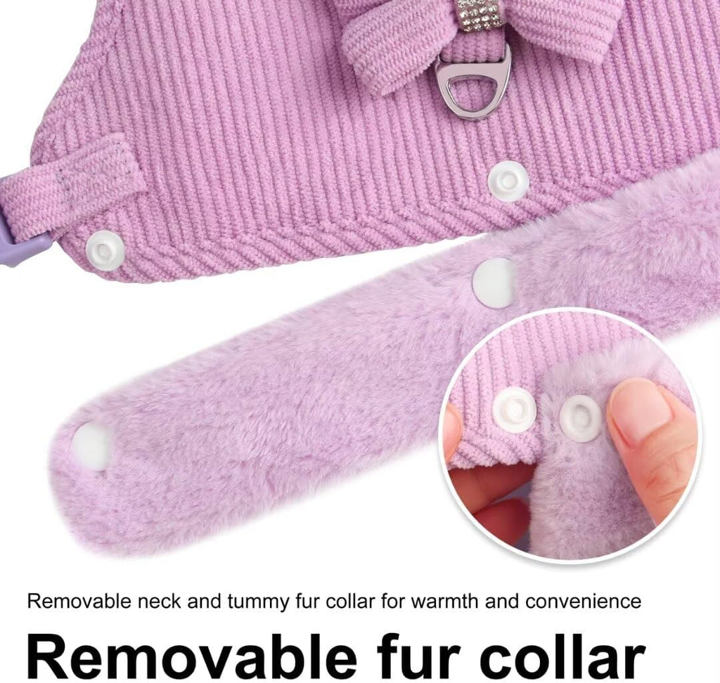 Cute Warm Small Dog Harness And Leash Set With Bow Tie, Soft Padded Puppy Harness With Removable Fur Collar, Adjustable Girl Dog Harness With Quick
