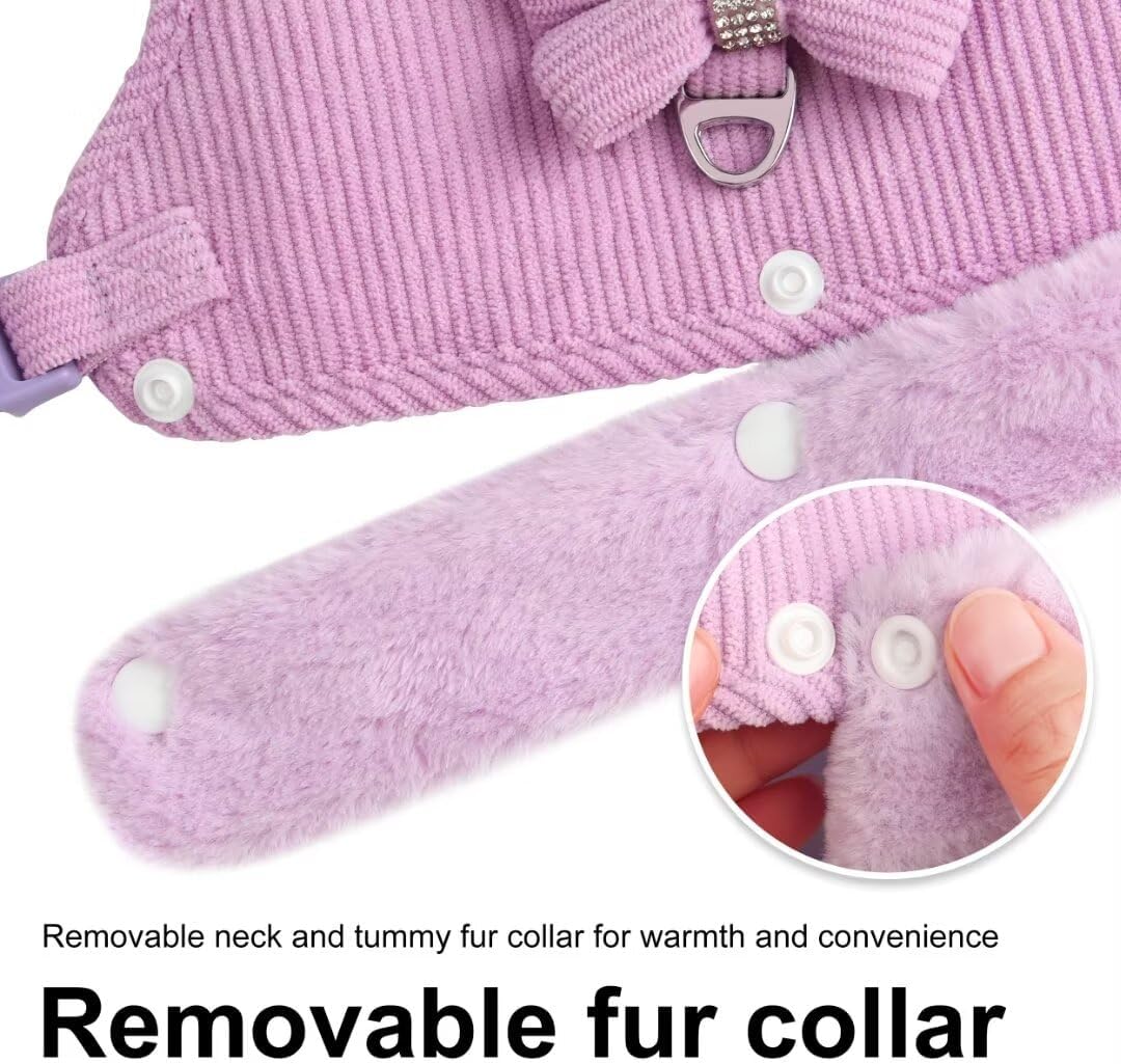 Cute Warm Small Dog Harness And Leash Set With Bow Tie, Soft Padded Puppy Harness With Removable Fur Collar, Adjustable Girl Dog Harness With Quick