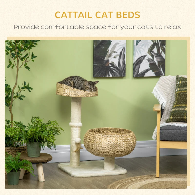 Elevated Cat Bed With Sisal Scratching Post For Indoor Kitties, Modern Cat Tree With Cute Basket Design, Small Cat Tree With Ball Toy