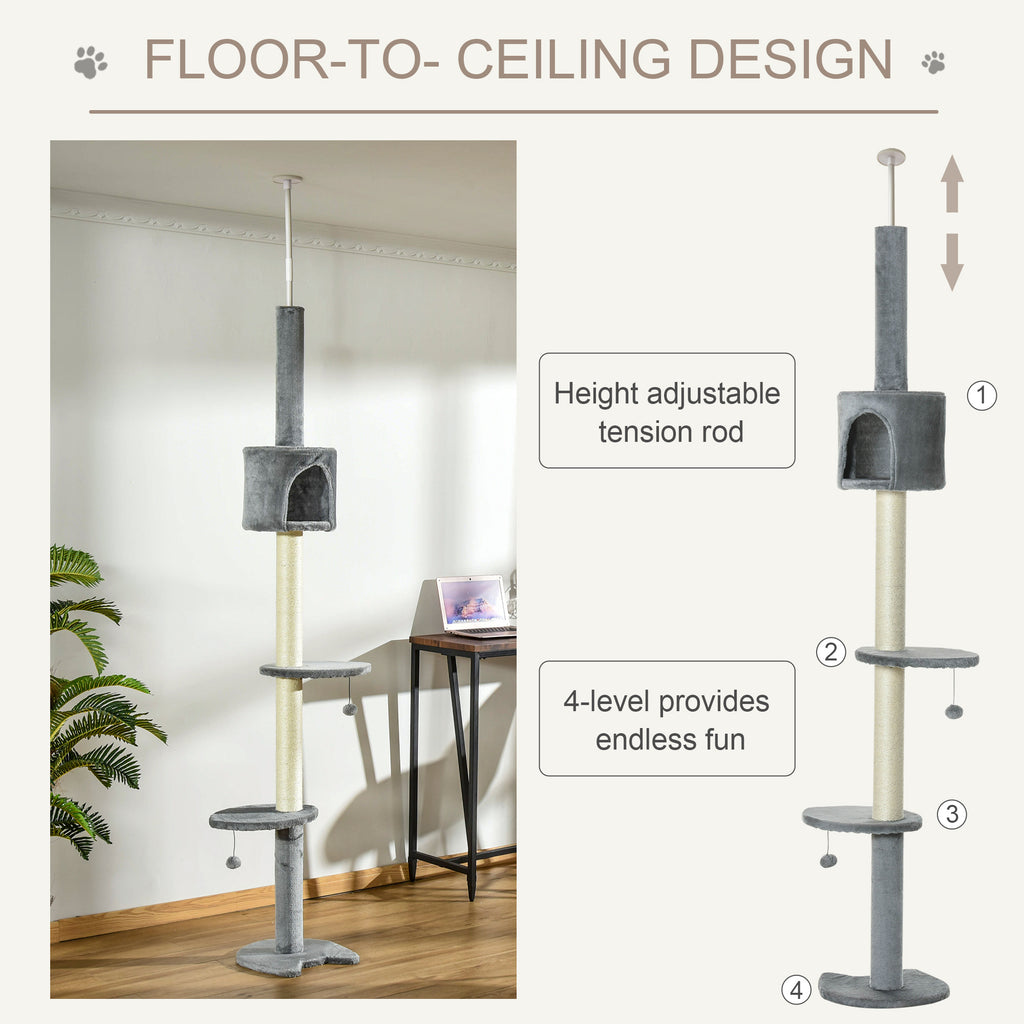 100" Cat Tree Height Adjustable Floor-to-Ceiling 4-Tier Kitty Climbing Activity Center Condo Cat Toy with Scratching Post Hanging Balls Play Rest Post