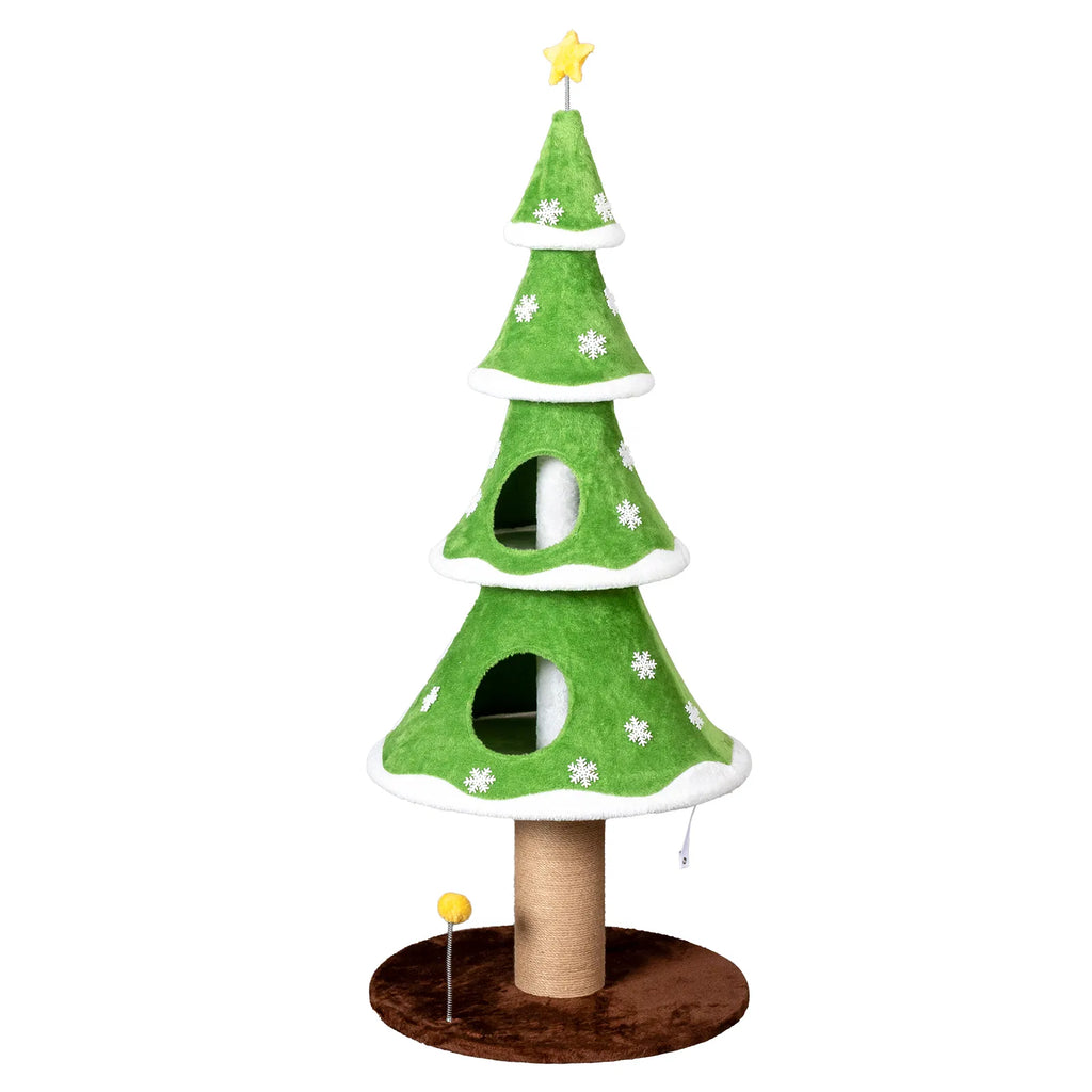 59in Large Tall Christmas Tree Cat Tower with 2 Cat Condos & Scratching Post, Soft Fleece Cat Tree with Teaser Toy & Sturdy Base & Built-in Openings