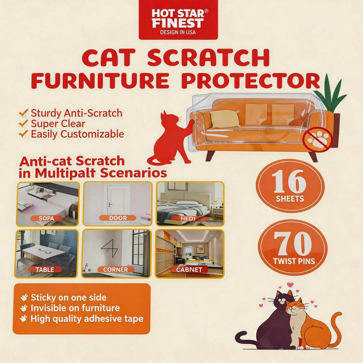 Cat Scratch Furniture Protector Set 16 Clear Sheets, Incldes 8 Sheets Of 279 358mm And 8 Sheets Of 140 358mm, 70 Twist Pins, Invisible Anti Scratch