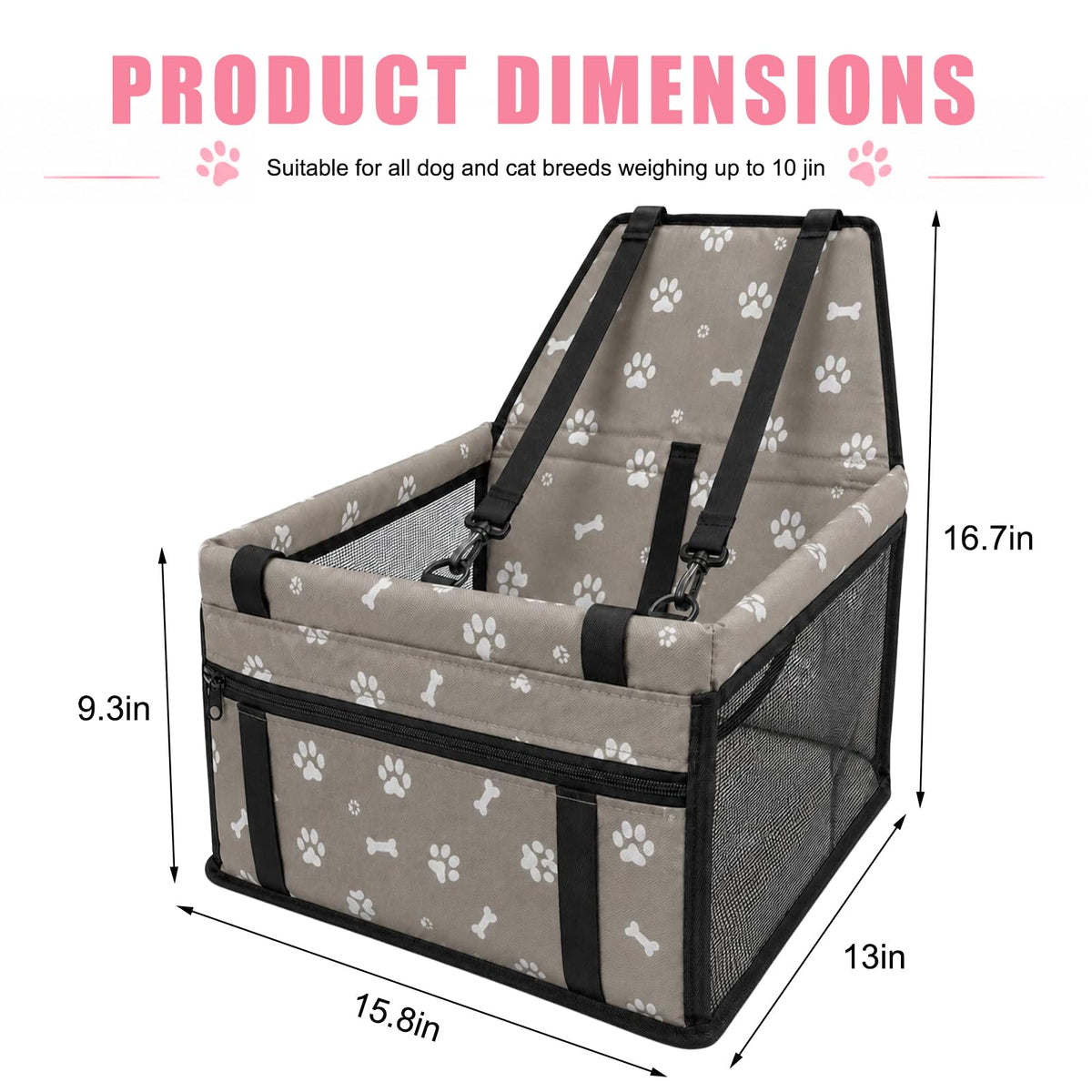 Pet Car Seat, Breathable Foldable Cat Dog Car Booster Seat With Safety Leash & Mesh Window, Waterproof Oxford Cloth Vehicle Travel Basket For Small