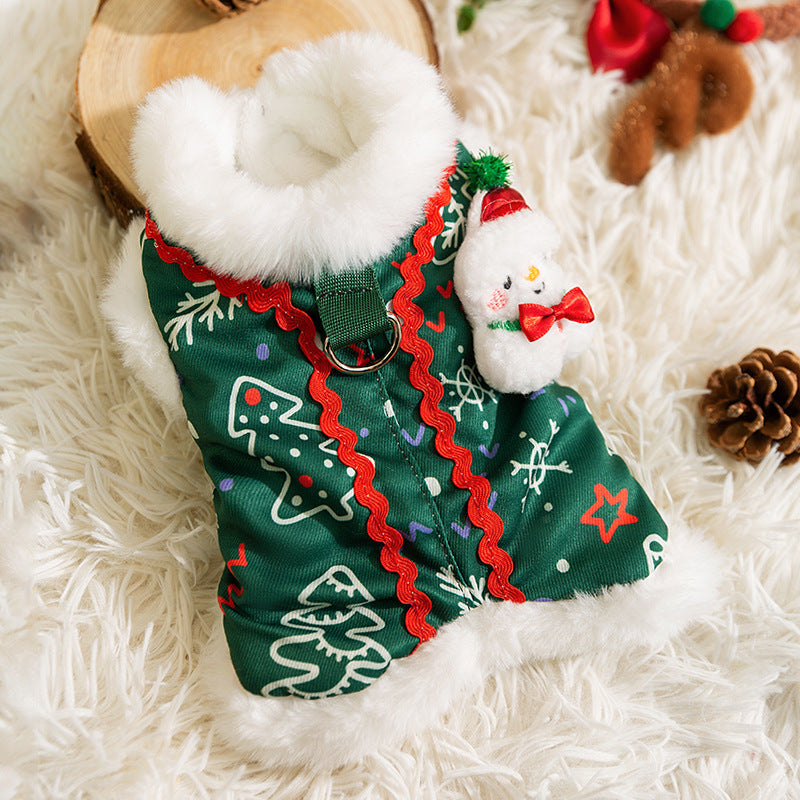 Christmas Dog Shirt With Snowman Patch, Warm Plush Pet Winter Clothes For Small Dogs, Green Holiday T-Shirt With Christmas Tree Print And D-Ring