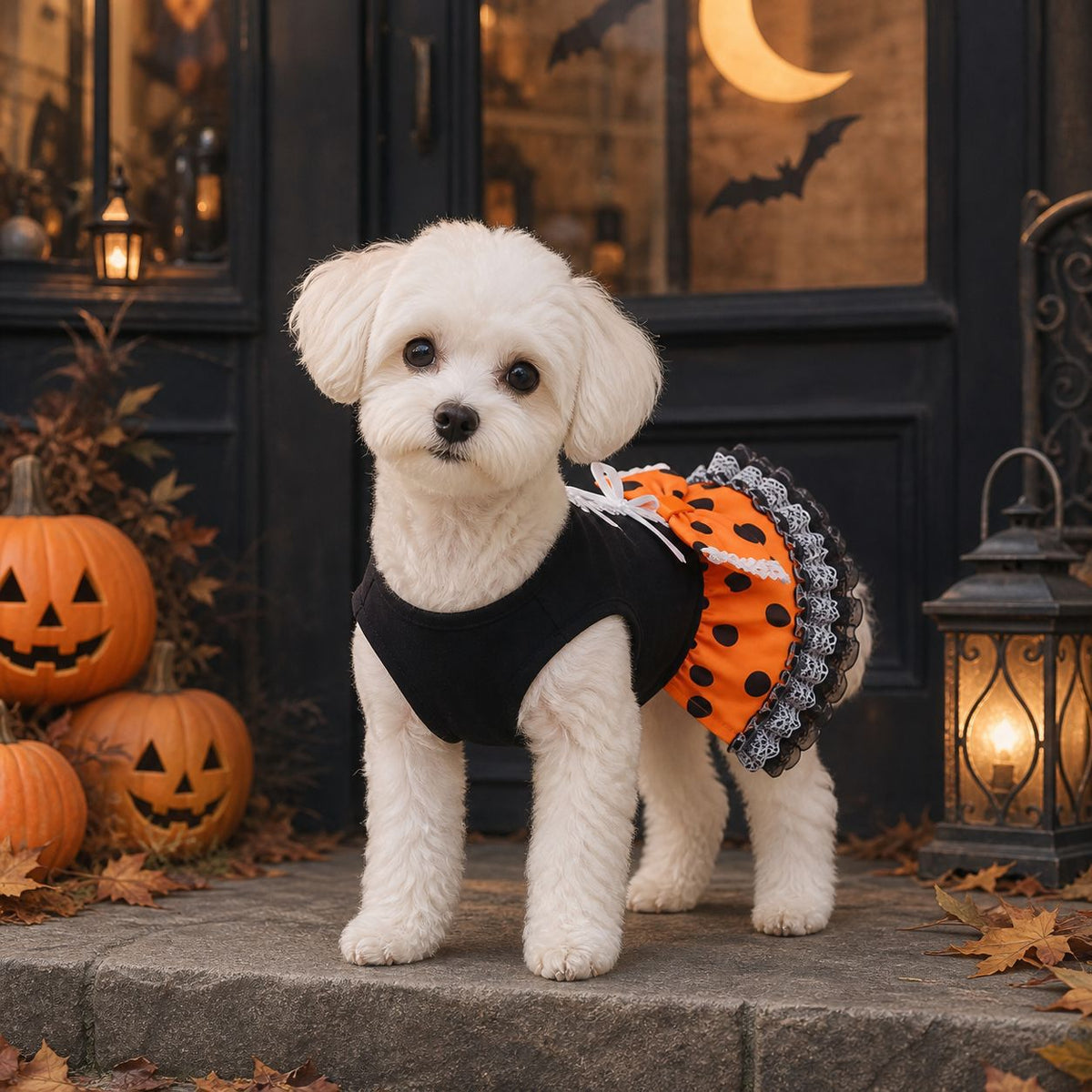 Halloween Dog Dress, Cute Pet Tutu Skirt With Orange Black Polka Dots Lace Bow, Puppy Party Costume For Small Medium Dogs, Bichon Maltese Teddy