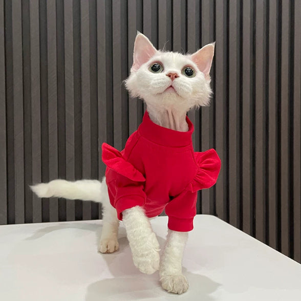 Red T-shirt With Ruffles Hairless Cat Clothing Sphynx And Devon Rex Apparel