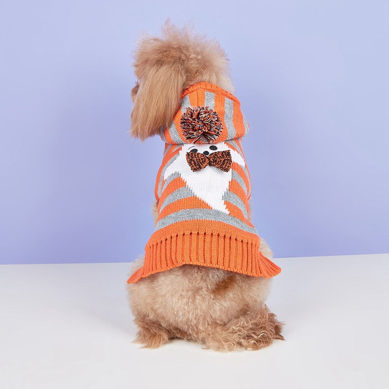 Halloween New Knitted Cold-proof Contrast Color Striped Hooded Fur Ball Pet Sweater