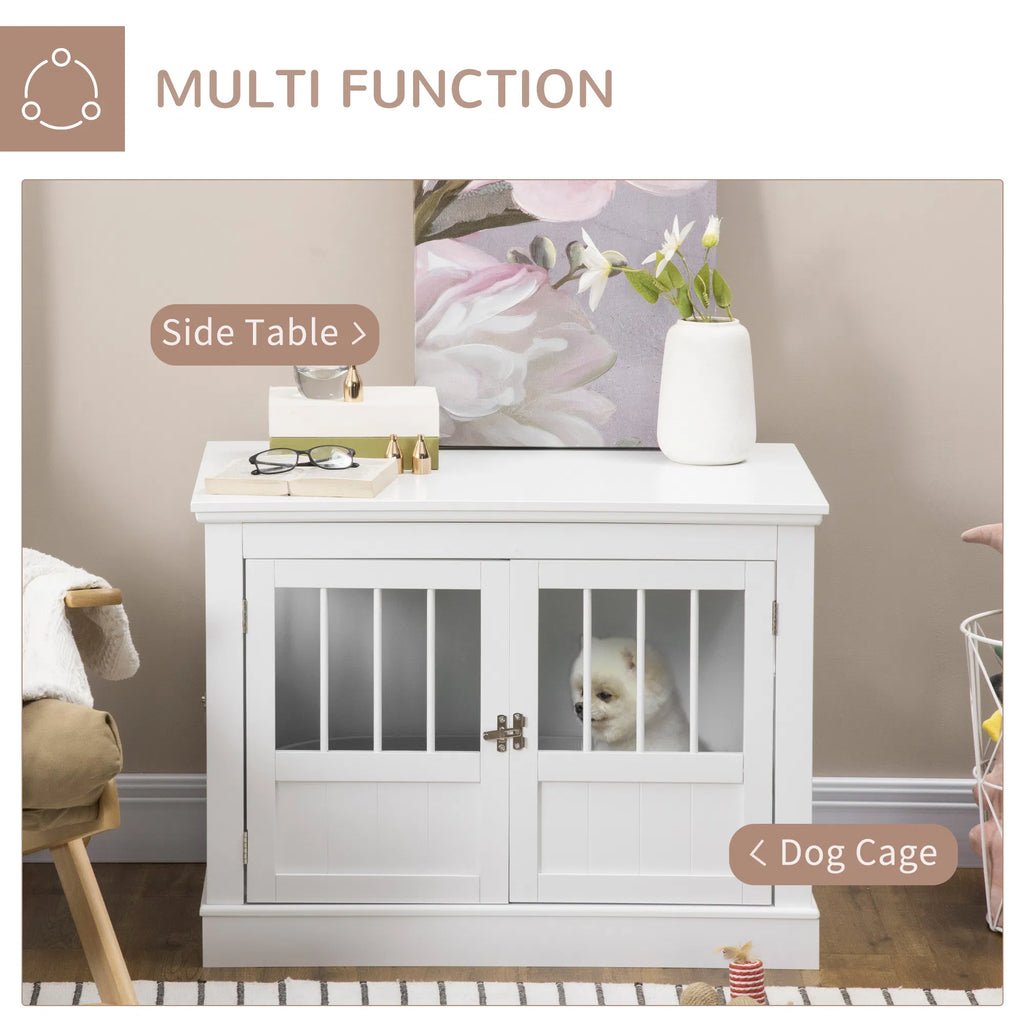 31" Dog Crate Furniture End Table with Three Doors for Small Dogs, White