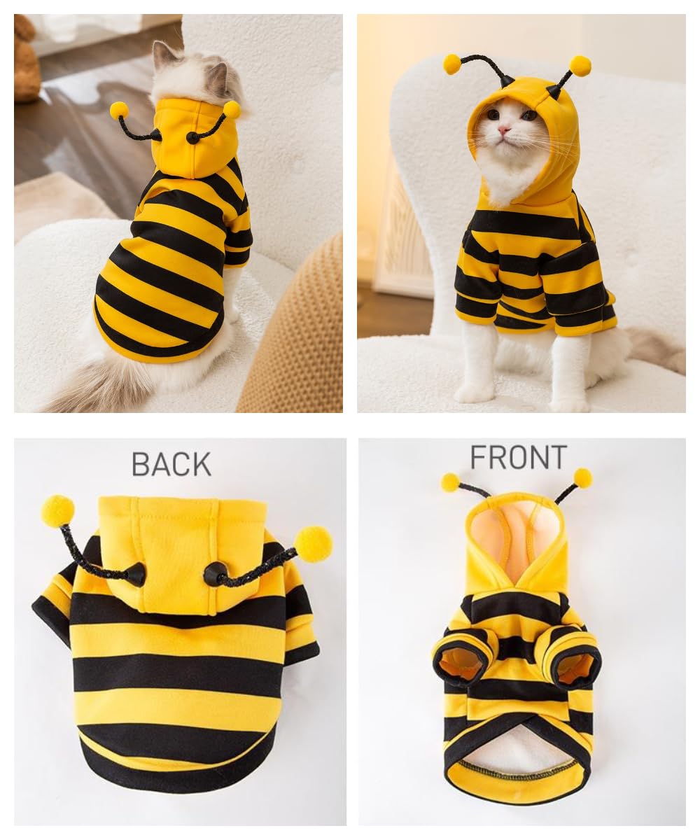 Cute Cat Bee Costume - Pet Halloween Apparel Bumble Bee Cosplay Clothes Antennae, Soft Warm Fleece Hoodie For Cats, Kittens, And Small Dogs, Perfect