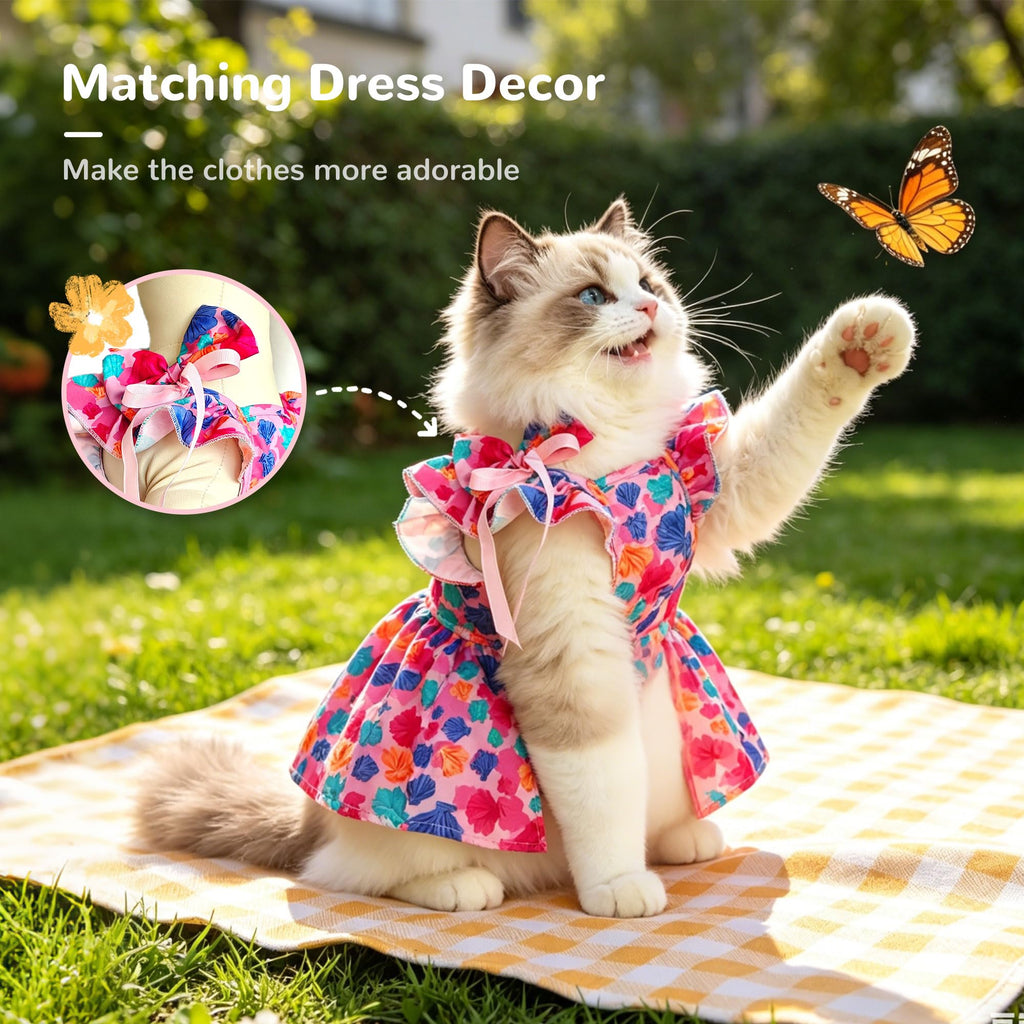 Cute Floral Small Dog Cat Harness Dress Outfits With Bow & Leash D-Ring,Soft Breathable Summer Ruffle Puppy Clothes Girl,3-Way Styling Female Dog